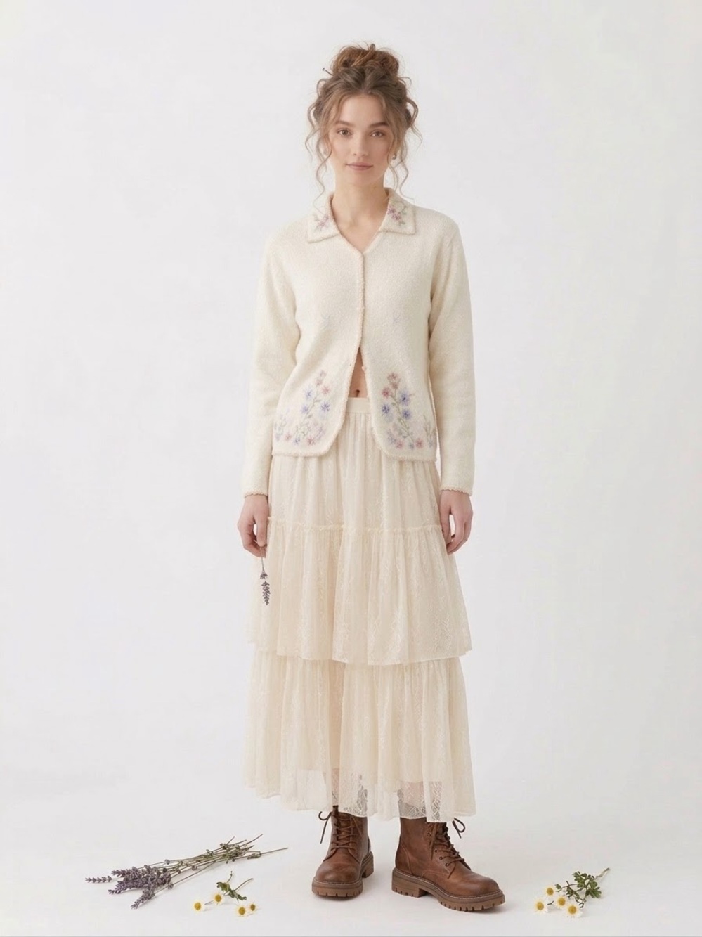 Vintage Embroidered Cream Knit Cardigan | Pearl Buttons & Beaded Floral Detail